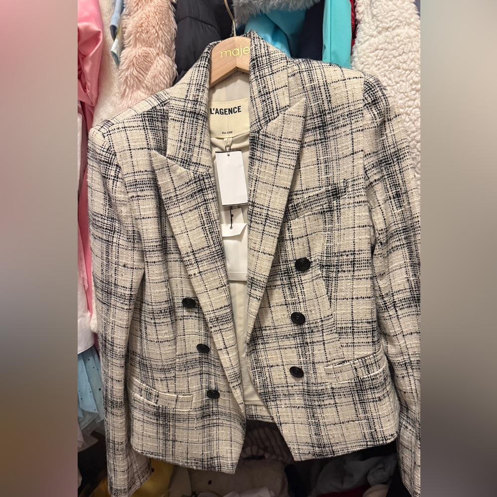 L'AGENCE Women's Black and Cream Checkered Blazer